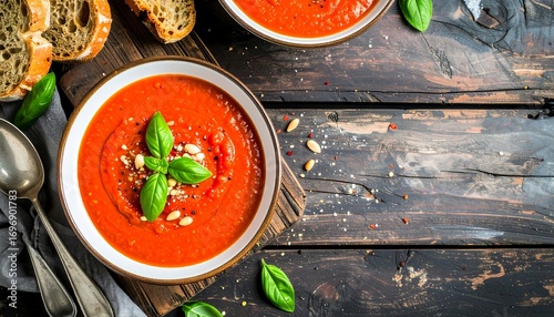 Delightful tomato soup with fresh basil and rustic bread on wooden background