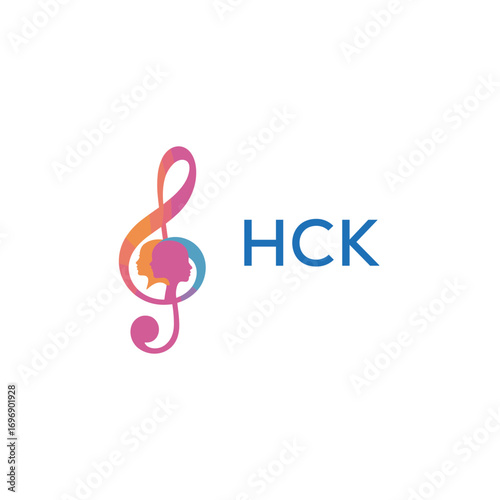 HCK “Creative music academy logo with silhouette heads and notes” HCK Later Logo, “Modern music therapy logo with faces and note symbol”
