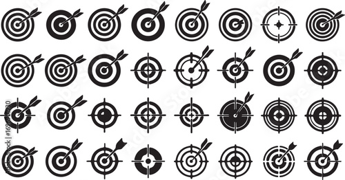 Collection of black and white archery targets with arrows