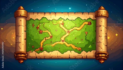 Detailed pixel art treasure map unfolded on a scroll with wooden supports