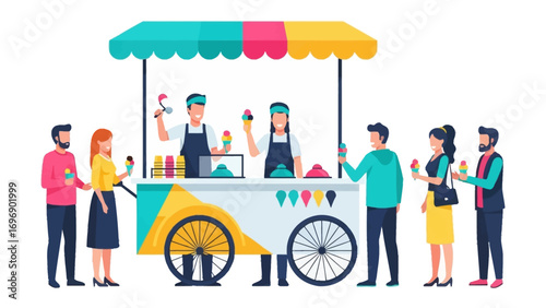 A Refreshing Treat: An inviting ice cream cart with a rainbow awning stands in the heart of a bustling gathering, as eager individuals line up to savor a delectable frozen treat on a warm day. 