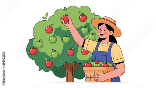Apple Harvest: An illustration captures a young woman picking ripe apples from a bountiful tree, a charming scene of the fruit season