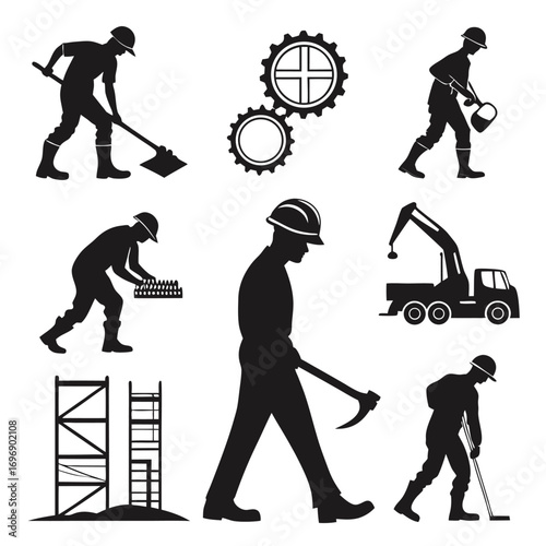 Construction Workers And Equipment Silhouettes On White Background building crane