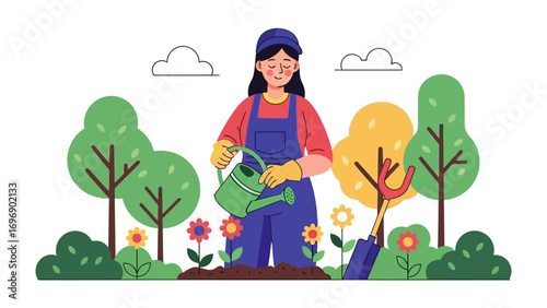 Nurturing the Garden: A woman tending her garden, using a watering can. It's a sunny day in a thriving green space.