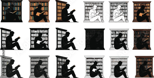 Man reading book sitting near bookshelf, multiple styles and poses, education, knowledge, learning, library, study, literacy, book lover