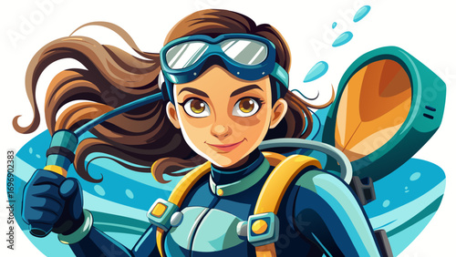 Close-up portrait of female diver holding flippers proudly. White background showcases courage, skill, and marine discovery.