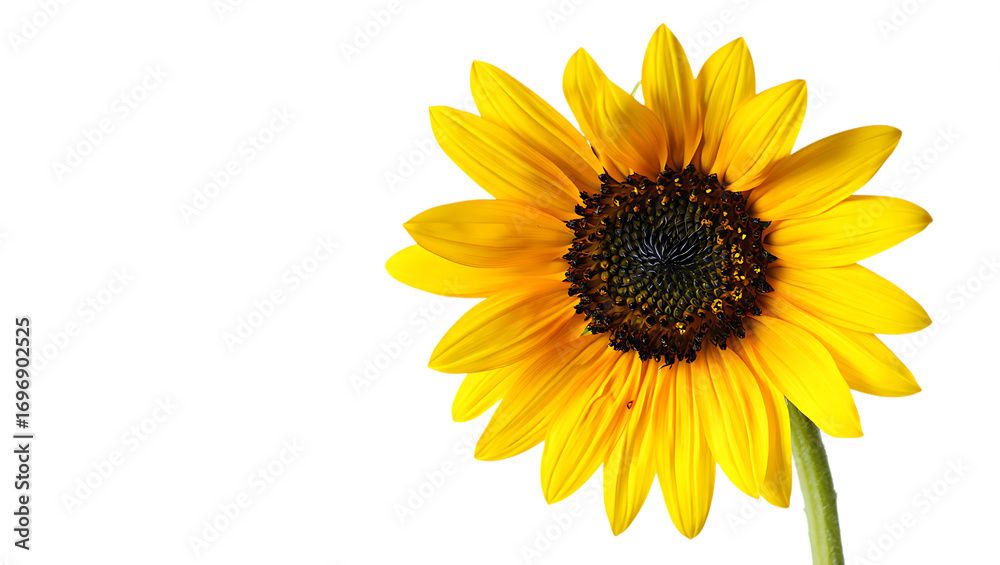 Fototapeta premium Closeup of a vibrant yellow sunflower isolated on transparent background, showcasing its intricate details, from the delicate petals to the dark center, capturing the essence of summer and natural bea
