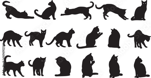 Collection of black cat silhouettes in various poses