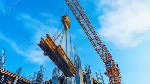 Crane lifting beam with construction site.
