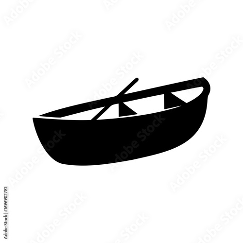 Simple black and white illustration of a rowboat with oars inside