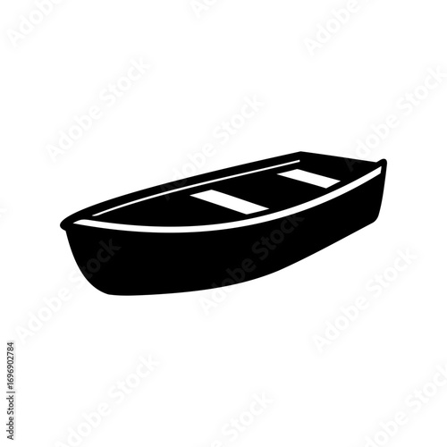 Isolated silhouette image of a simple black rowboat on a white background