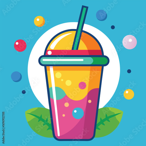 Refreshing Boba Tea Drink Illustration with Vibrant Colors and Playful Circle Accents Perfect for Summer