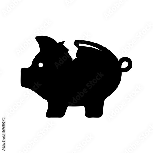 Broken piggy bank icon representing financial difficulty or savings depleted in black
