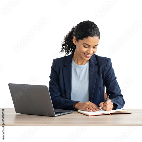 Business woman using laptop computer to search the information and taking note on notebook on office table. Student studying online, jotting down on notepad, , business planning concept transparent pn