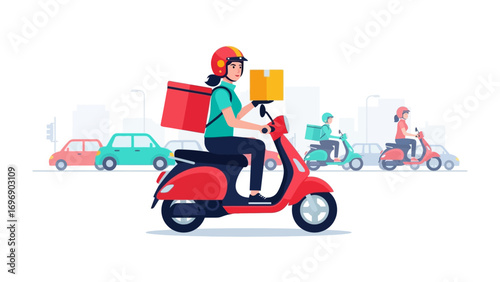 Swift Delivery on City Streets: A vibrant illustration of delivery scooters navigate a bustling cityscape, symbolizing speed, efficiency, and the convenience of modern logistics.
