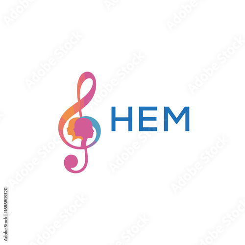 HEM  “Colorful music logo with human faces and treble clef design” HEM  Later Logo, “Creative music academy logo with silhouette heads and notes” 
