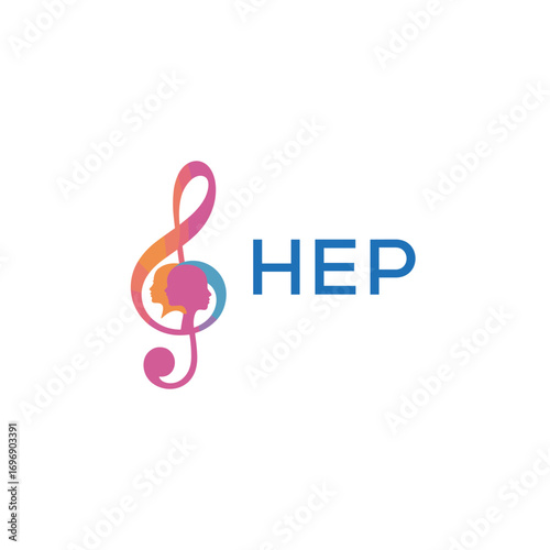 HEP  “Colorful music logo with human faces and treble clef design” HEP  Later Logo, “Creative music academy logo with silhouette heads and notes” 
