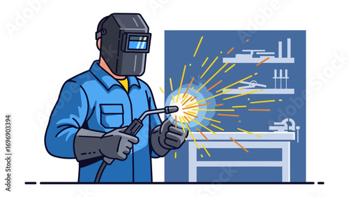Welder in Action: A focused individual, clad in protective gear, demonstrates welding expertise within a workshop.