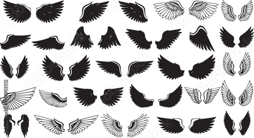 Collection of black grunge angel wings and feather textures