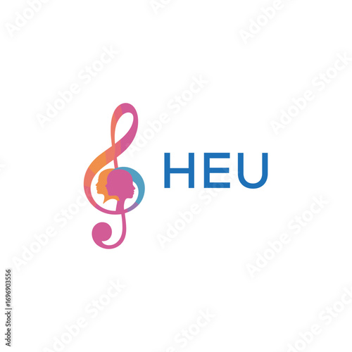 HEU  “Colorful music logo with human faces and treble clef design” HEU  Later Logo, “Creative music academy logo with silhouette heads and notes” 
