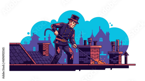 Chimney Sweep on the Rooftop: A chimney sweep diligently performs his trade atop a rooftop, surrounded by the cityscape.