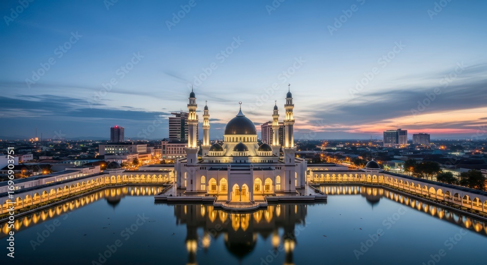 Fototapeta premium Beautiful Floating Mosque at Twilight with Stunning Reflection.
