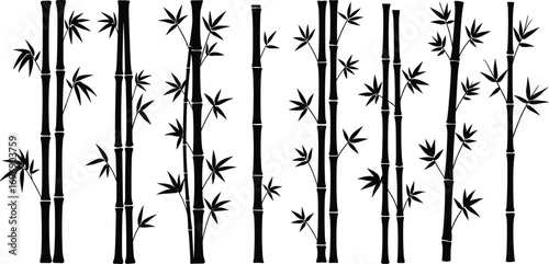 Silhouette bamboo stalks with leaves, tropical plant design, natural bamboo elements, minimalist nature illustration, Asian inspired art, peaceful garden scene