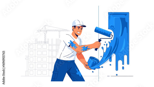 Painting the Future: A skilled painter, fully immersed in his craft, transforms a blank canvas into a vibrant work of art, showcasing dedication and creativity in every stroke.