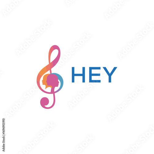 HEY  “Colorful music logo with human faces and treble clef design” HEY  Later Logo, “Creative music academy logo with silhouette heads and notes” 
