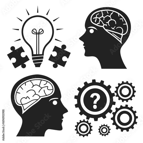 Diverse Icons of Human Minds Showing Brains, Gears, and Lightbulb Ideas head silhouette