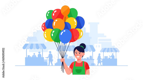 Joyful Balloon Seller: A vibrant illustration depicts a cheerful female vendor, beaming with delight as she offers a colorful bouquet of balloons in a lively marketplace setting.