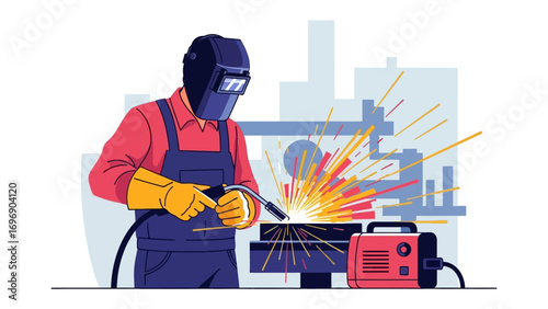 Welder at Work: A skilled welder, shielded by a mask, meticulously works, creating brilliant sparks and intricate metalwork, highlighting the power of craftsmanship.