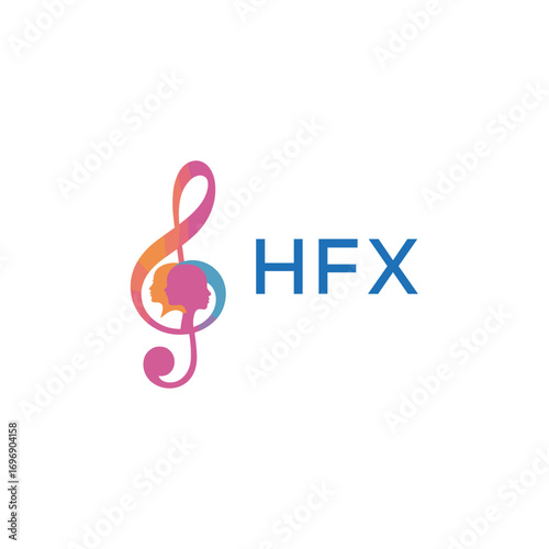 HFX  “Colorful music logo with human faces and treble clef design” HFX  Later Logo, “Creative music academy logo with silhouette heads and notes” 
