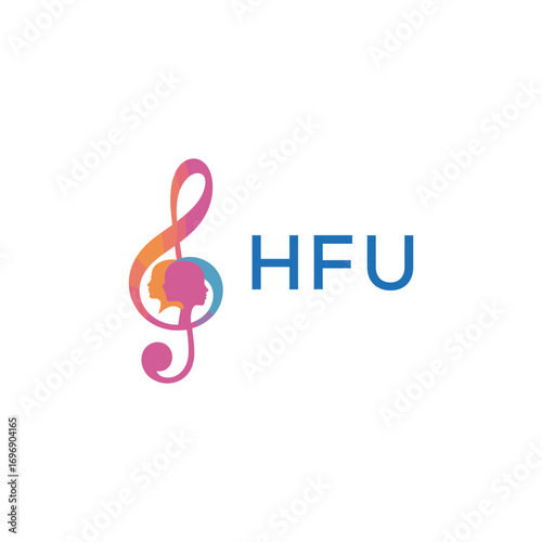 HFU  “Colorful music logo with human faces and treble clef design” HFU  Later Logo, “Creative music academy logo with silhouette heads and notes” 
