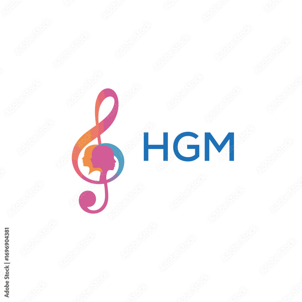 Fototapeta premium HGM “Colorful music logo with human faces and treble clef design” HGM Later Logo, “Creative music academy logo with silhouette heads and notes”