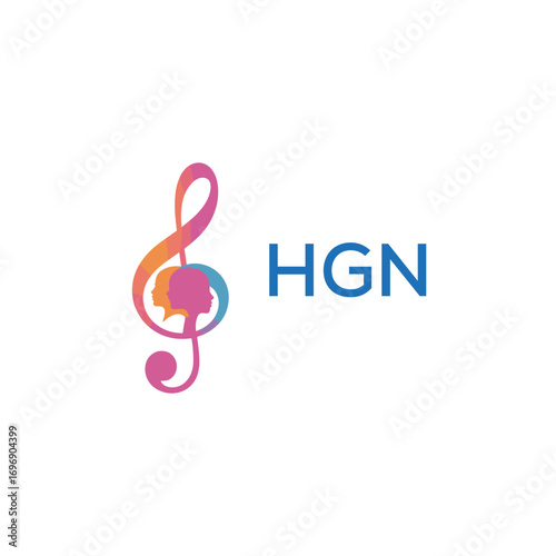 HGN  “Colorful music logo with human faces and treble clef design” HGN  Later Logo, “Creative music academy logo with silhouette heads and notes” 

