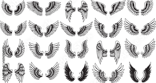 Collection of intricate black and white stylized angel wings designs