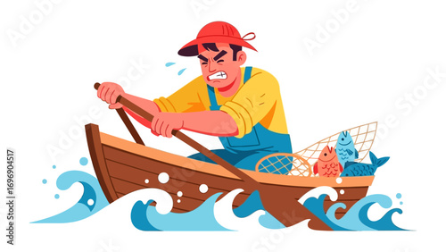 Man Rowing Boat: A determined fisherman battles the turbulent sea, rowing his boat with focused intensity amidst splashing waves, while his catch sits patiently in the net. 