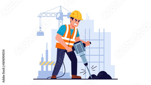 Construction worker with jackhammer: A construction worker, equipped with a safety helmet and high-visibility vest, utilizes a powerful jackhammer at a construction site, symbolizing labor, industry.