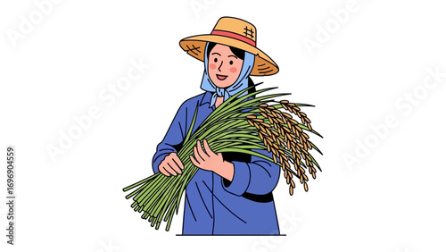 Harvest Bounty: A farmer gracefully holds a bountiful bundle of golden harvest, embodying the spirit of agricultural triumph and the fruits of hard labor.