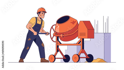Construction Worker and Concrete Mixer: A construction worker diligently operates a concrete mixer, a vital tool in modern construction projects. Demonstrating precision and dedication.