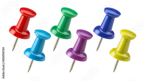 Colorful push pins isolated on transparent background are displayed