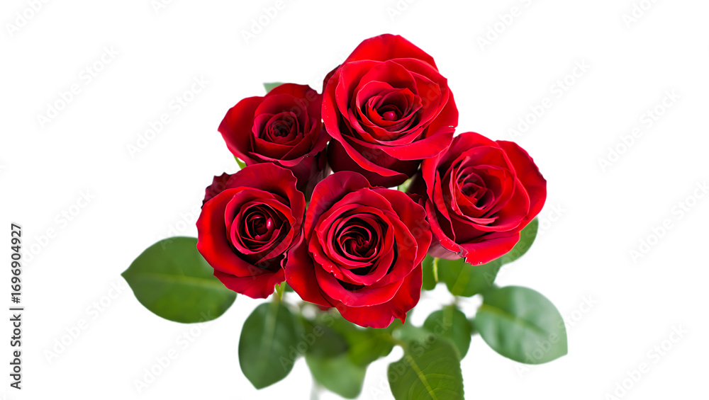 Obraz premium An exquisite collection of five ruby red roses, isolated on transparent background, showcasing their velvety texture and vibrant color, symbolizing love, passion, and beauty in a simple yet elegant ar