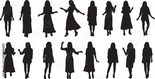 Collection of diverse female silhouettes in various poses and outfits