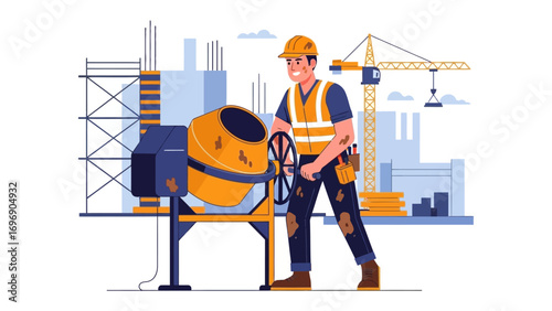 Construction Worker and Cement Mixer: Capturing a determined construction worker operating a cement mixer at a construction site, perfectly illustrating industry, hard work.