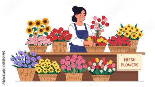 Blooming Business: A cheerful florist arranges colorful blooms in a charming display, showcasing the beauty of fresh flowers.