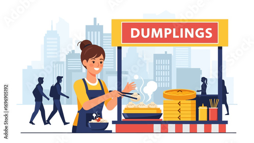 City Dumpling Stall: A cheerful vendor serves up steaming dumplings from a vibrant food stall set against a cityscape, inviting customers to enjoy a delicious snack.