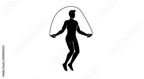 Minimalist silhouette of person jumping rope on white background