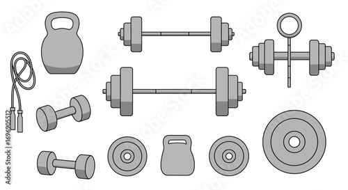 Monochrome fitness equipment icons: kettlebell, dumbbells, and barbells