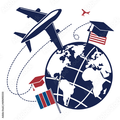 Global Travel and Education With Multiple Flags and Airplanes globe world